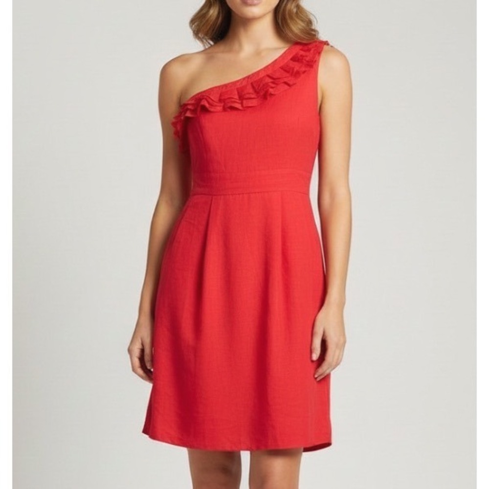 THE LIMITED Lined SATIN Red RUFFLE ONE-SHOULDER Pockets PLEATED Sheath Dress S - Picture 1 of 7